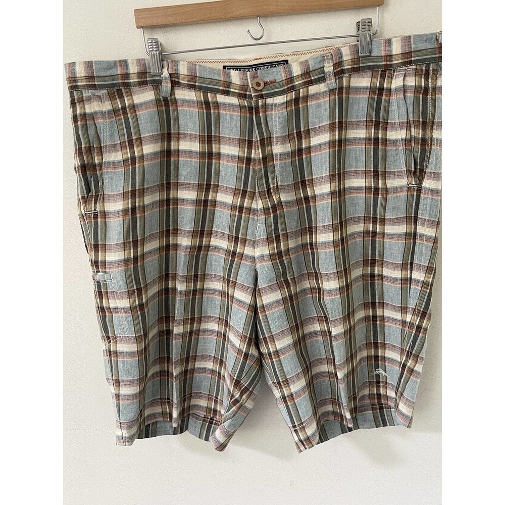 Tommy Bahama Shorts Mens 42 Brown Plaid 100% Linen Relax Pro Leisure Consultant